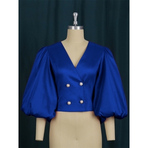 Chemisiers et chemises tendance pour femmes ZHEZHE, chemisier à manches bouffantes de couleur unie pour le printemps, chemisier à col en V avec boutons pour le bureau - Product Image 4