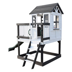 Maisonnette de jeu extérieure en bois à deux niveaux, blanche et noire, avec toboggan et garde-corps de sécurité pour enfants - Product Image 6