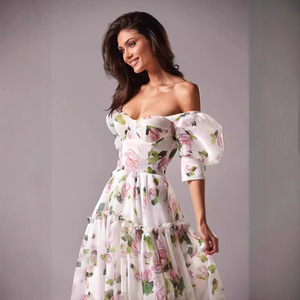 Vestido de Noche de Organza con Estampado Floral y Hombros Descubiertos, Falda Larga, Cintura Imperio, Capa Transparente, Vestido Formal para Mujer - Product Image 4