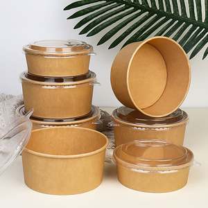 Bol à salade en papier kraft jetable, vente en gros de bols à déjeuner ronds en papier avec couvercles transparents - Product Image 5