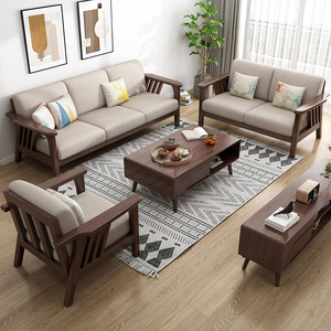 Nordic Solid Wood <b>Sofa</b> Set L-Shaped Three Seater Living Room Furniture Upholstered Fabric Corner <b>Sofa</b> For Small Apartments - Product Image 1