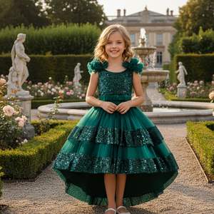 فستان أطفال طويل بذيل مزين بالترتر رائج البيع، فستان أميرة بفيونكة، فستان بنات لامع متعدد الطبقات لحفلات الزفاف - Product Image 2