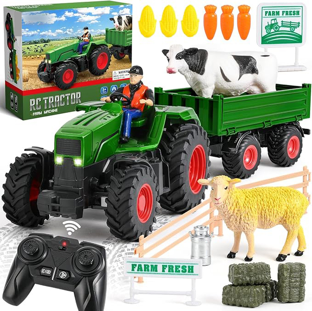 2-in-1 Rechargeable RC Tractor Truck Trailer Toy with Farm Animal Remote Control Tractor for Kids