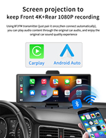 Caméra de tableau de bord sans fil 10,26 pouces avec Carplay et Android Auto, double objectif 4K + 1080P, WIFI, prise en charge AHD, fonction AUX, caméra embarquée, fonction stéréo, TV