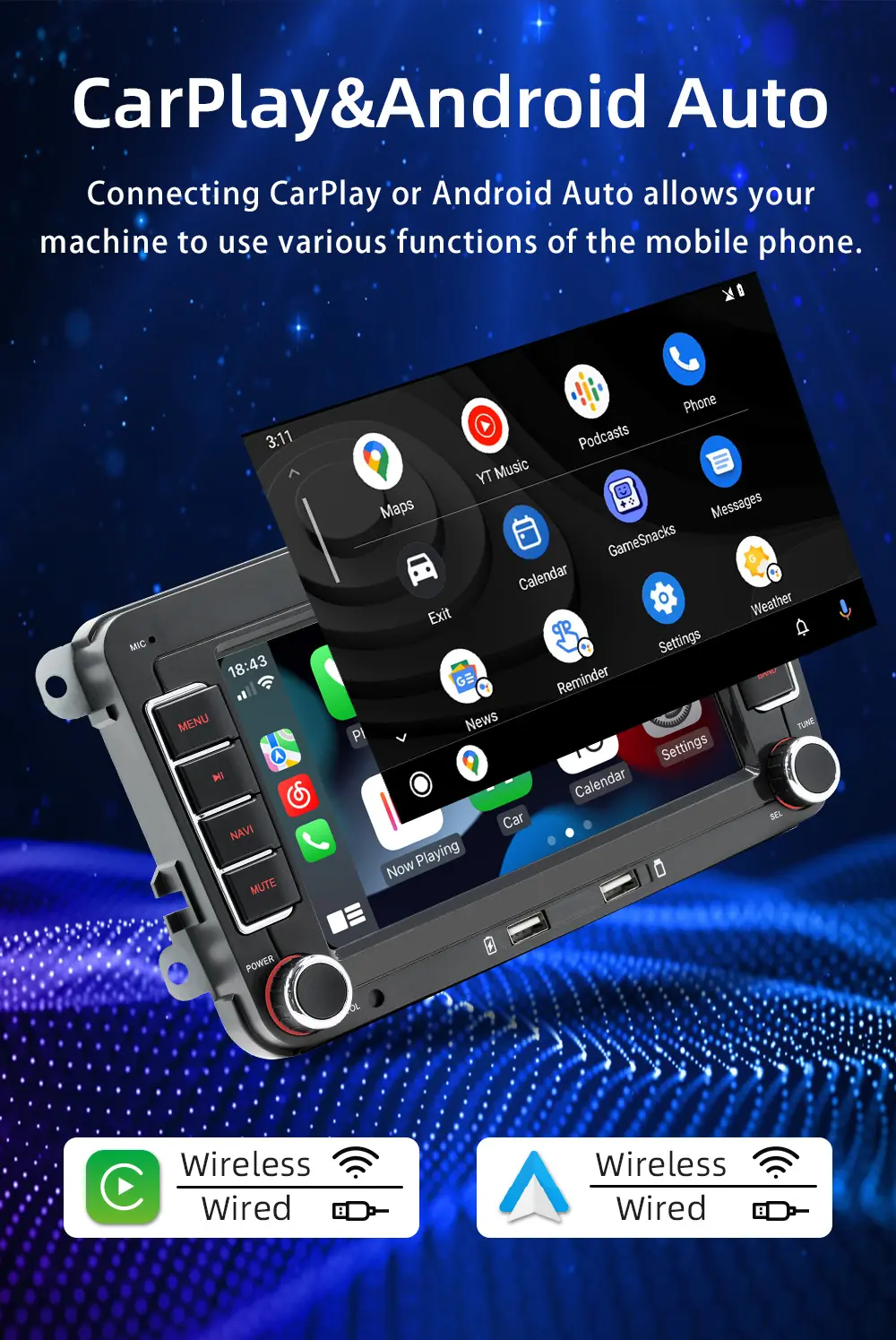 BQCC 7 "2din autoradio sans fil Carplay 2USB Android GPS Navigation Wifi pour Volkswagen Skoda Seat Passat B7 Polo VW Golf 5 6