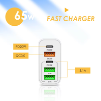 Chargeur USB 65W PD+QC3.O GaN USB-C, charge rapide pour iPhone/Samsung/Huawei/Oppo/Vivo/Xiaomi, compatible US EU UK AU