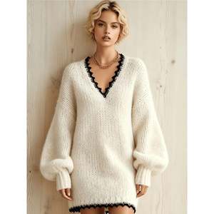 V Neck Contrast Trim Knit <b>Mini</b> Dress Women's Sweater Dress Size S Multicolor - Product Image 1