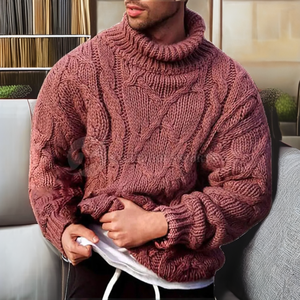 Pull en maille torsadée en coton et fibre de bambou respirant pour homme, col roulé, grande taille, nouvelle collection hiver - Product Image 2