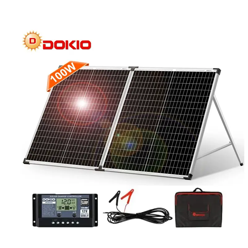 DOKIO Panel surya lipat 18V 100W, papan surya pengisi daya sistem/sel fotovoltaik lipat pengontrol 10A 12V Tiongkok