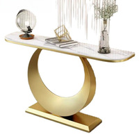 Mesa Consola de Estilo Italiano Moderno y Lujoso para Sala de Estar, con Tablero de Piedra y Estructura Metálica, para Pasillo y Corredor