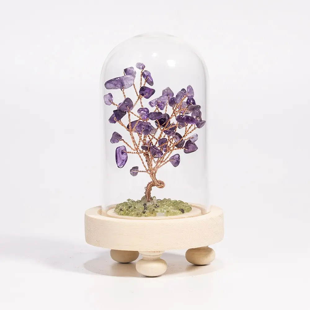 Natural Gemstone Chips Money Tree Glass Cover Lucky Tree Wooden Base For Home Decor Gift for Wedding Favors