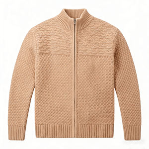 Suéter Masculino de Tricô Texturizado com Zíper Frontal e Gola Alta, Manga Longa, Casual e Quente, Cor Bege, para Outono - Product Image 4