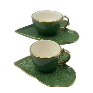 Custom 80ml 180ml Handmade Ceramic Cups Bulk Personalized Engraved Ceramic Coffee Mugs Plate with logo and <b>Leaf</b> Shape - Product Image 6