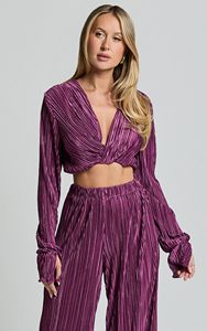 Personalizado cetim plissado torção mangas compridas colheita Tops calças compridas calças fábrica de roupas Co Ord combinando 2 peça conjunto das mulheres - Product Image 2