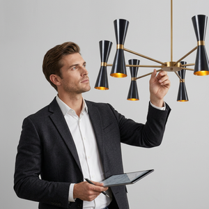 Plafonnier moderne en laiton avec abat-jour en tissu marron, design géométrique, luminaire d'intérieur, décoration de salon - Product Image 1