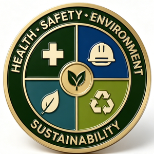 Insignia de Seguridad en la Salud, el Medio Ambiente y la Sustentabilidad, Emblema Circular de Metal Chapado en Oro con Esmalte Duro, Tema de Protección Ambiental - Product Image 2