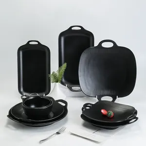 可重复使用的餐具套装三聚氰胺黑石板肥皂碟寿司盘和带手柄的餐具