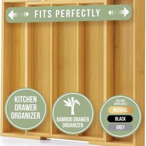 Organizador de Cuchillos de Cocina de Bambú, Caja de Almacenamiento con Cajones, Bandeja para Cubiertos con Divisores Ajustables, Compartimentos sin Tapa, Moderno - Product Image 4