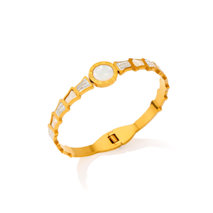 Angelina Gold Plated Stainless Steel Cuff <b>Bracelet</b> With <b>Shell</b> And Diamonds Geometric Trendy Bezel Setting Unisex Gift - Product Image 3