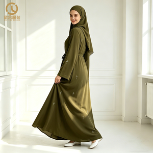 Abaya Ouverte en Mousseline <span class=keywords><strong>Kaki</strong></span> avec Fines Broderies Florales Style Décontracté Taille Naturelle Respirante Antistatique Écologique - Product Image 3