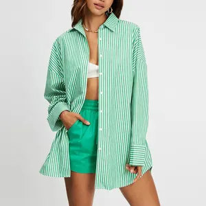 Women Clothing China Supplier Wholesale Cotton Casual Oversized Tops Shirts Elegant Long Sleeve Green Stripes Lady Blouses