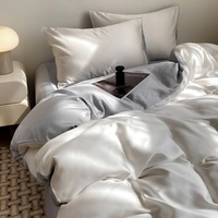 Parure de lit 4 pièces en soie glacée double face couleur unie, tissu soyeux rafraîchissant, drap plat minimaliste haut de gamme à impression numérique