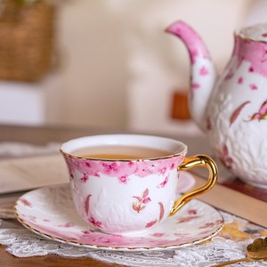 Ceramic Tea Set Floral Embossed <b>Teapot</b> with Two <b>Cups</b> and Saucers <b>for</b> Afternoon Tea - Product Image 3