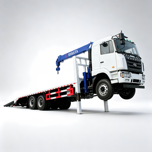 Heavy Equipment Delivery <b>Flatbed</b> <b>Truck</b> Equipped Hydraulic Crane Foldable Rear Ramps Low Bed <b>Truck</b> For Construction Machinery - Product Image 1