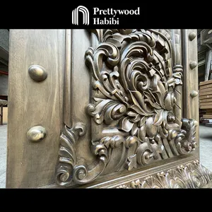 Prettywood china fornecedor personalizado interior casa antiguidade design mão esculpido sólido porta de madeira