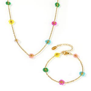 Bohemia Anti Tarnish Gold <b>Necklace</b> 18K Real Stainless Steel Colorful Flower <b>Necklace</b> <b>Set</b> for Women Girls - Product Image 2