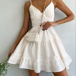 Enyami Holiday Summer Elegant Romantic Style Resort Cotton Linen Sleeveless Casual A-line Mini Cami Dress Women
