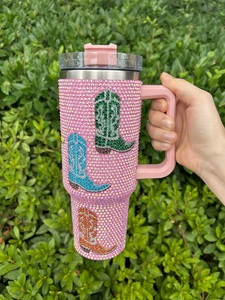 40oz Blanc Bling Rhinestone Cowboy Crystal Boots Tumblers Western Cowboy Boot Tasses à café avec poignée et couvercles - Product Image 4