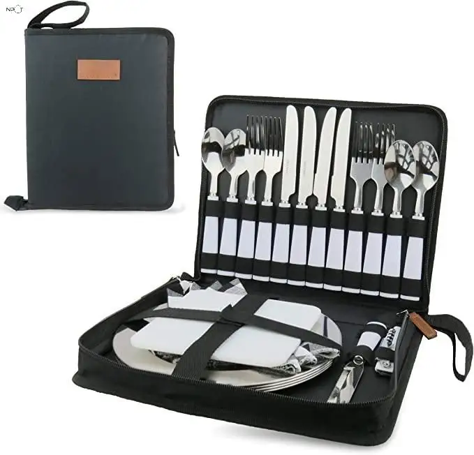 Npot 23Pcs Camping Mess Kit Met Roestvrijstalen Platen Picknickset Voor 4 Reizen Zilverwerk Set Camping Gebruiksvoorwerpen Om Te Eten