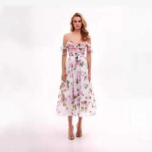 Vestido de Noche Midi de Organza con Estampado Floral y Hombros Descubiertos, Cintura Imperio, Capa Transparente, Vestido de Moda - Product Image 4