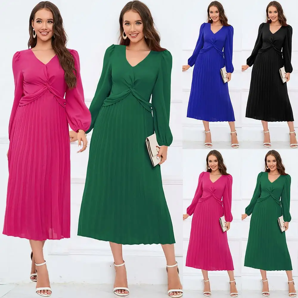 Vestido midi plissado de manga comprida com decote em V para mulheres, vestidos personalizados vintage para carreira de escritório corporativo