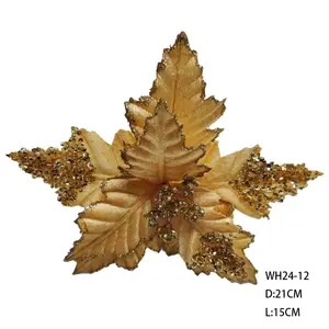 Dekorasi Natal 21cm kustom bunga poinsettia buatan dengan glitter