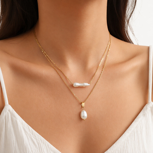 Colliers vintage à <span class=keywords><strong>double</strong></span> couche en acier inoxydable plaqué PVD 18K, chaînes multi-liens, perles d'eau douce naturelles de haute qualité, style baroque - Product Image 5