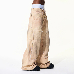 YUCE OEM Venta al por mayor Jeans <span class=keywords><strong>de</strong></span> hombre <span class=keywords><strong>de</strong></span> doble cintura, <span class=keywords><strong>de</strong></span> lona deshilachada, con lavado desgastado, <span class=keywords><strong>de</strong></span> sarga, estilo carpintero, holgados y desgastados - Product Image 2