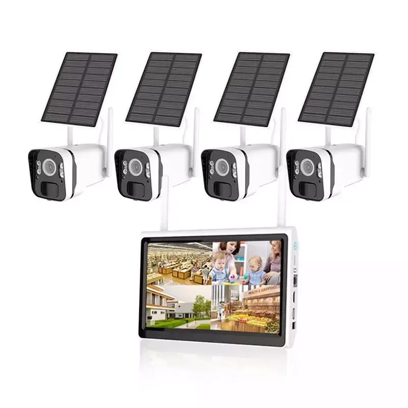 3MP Solar Battery 4CH Security Wireless CCTV System POE camera Remote Monitoring WiFi NVR Kit IP Cam 10.1inch LCD