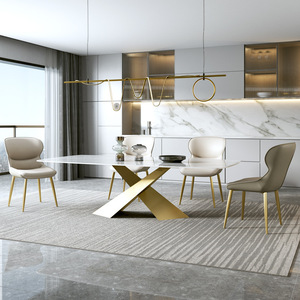 Mesa de comedor italiana de lujo con tapa de cristal, rectangular, para el hogar, restaurante, juego de sillas, mesa de comedor de roca dorada - Product Image 1