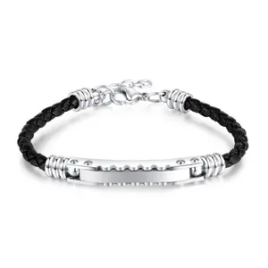 <span class=keywords><strong>Bracelet</strong></span> en <span class=keywords><strong>cuir</strong></span> tressé simple pour <span class=keywords><strong>homme</strong></span> en acier inoxydable <span class=keywords><strong>bracelet</strong></span> en <span class=keywords><strong>cuir</strong></span> noir de luxe gravé personnalisé - Product Image 1