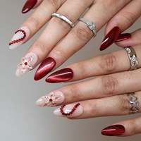 Ongles à presser en acrylique rouge bordeaux, forme amande moyenne, effet œil de chat, avec fleurs 3D, cœurs et chaînes de strass, pour mariage, fête et usage quotidien