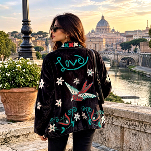 Chaqueta Bordada con Aves del Amor, Estilo Boho, Color Negro, Diseño Floral, Arte Folclórico, Hecha a Mano, Ideal para Regalo, Festivales y Fiestas - Product Image 1