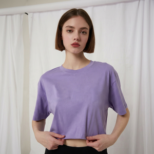 T-shirt côtelé ajusté pour femme, manches courtes, col rond, mélange de coton, personnalisable avec logo, haut décontracté d'été - Product Image 2