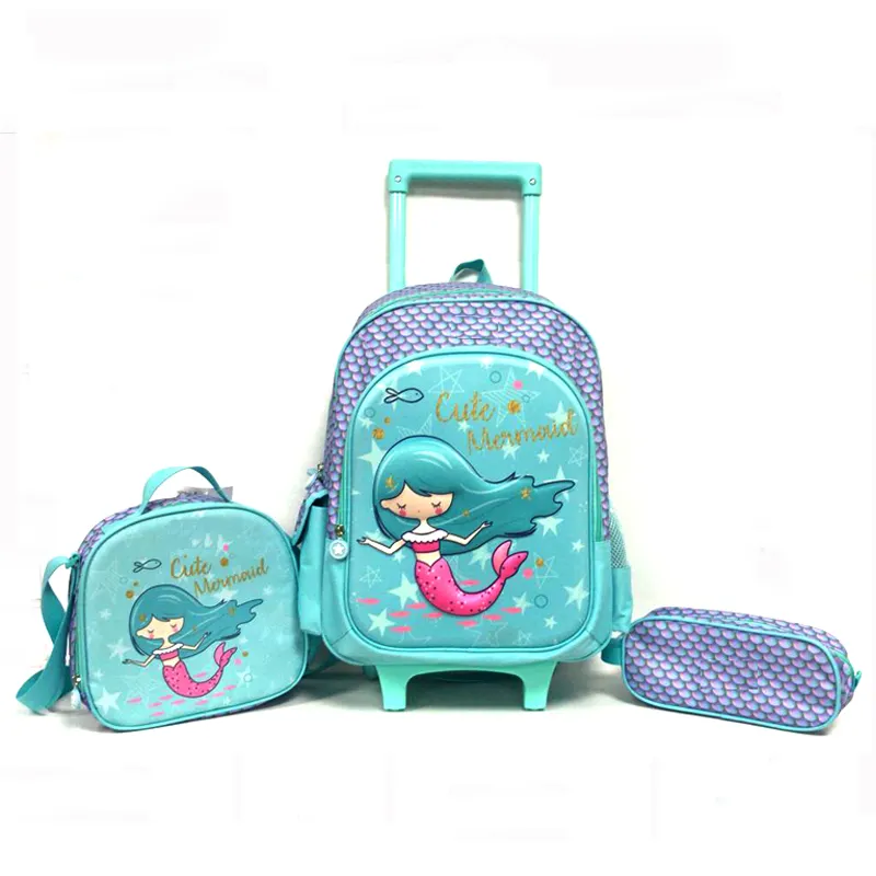 EVA Cartoon Mermaid Bookbag Trolley School Bags With Lunch Bag Set For Girls