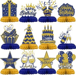 Décorations d'<span class=keywords><strong>anniversaire</strong></span> bleues <span class=keywords><strong>et</strong></span> dorées - Centres de table en nid d'abeille, élégants toppers de table pour adultes, décorations d'<span class=keywords><strong>anniversaire</strong></span> stylées - Product Image 1