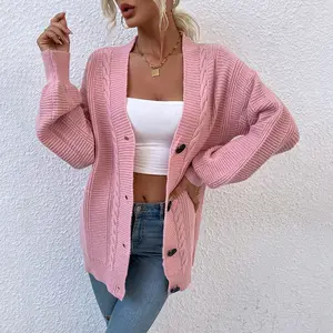 Autumn Winter Twist Knitted Cardigan Sweater Mid Length Single Breasted Knit Women's Sweater Coat