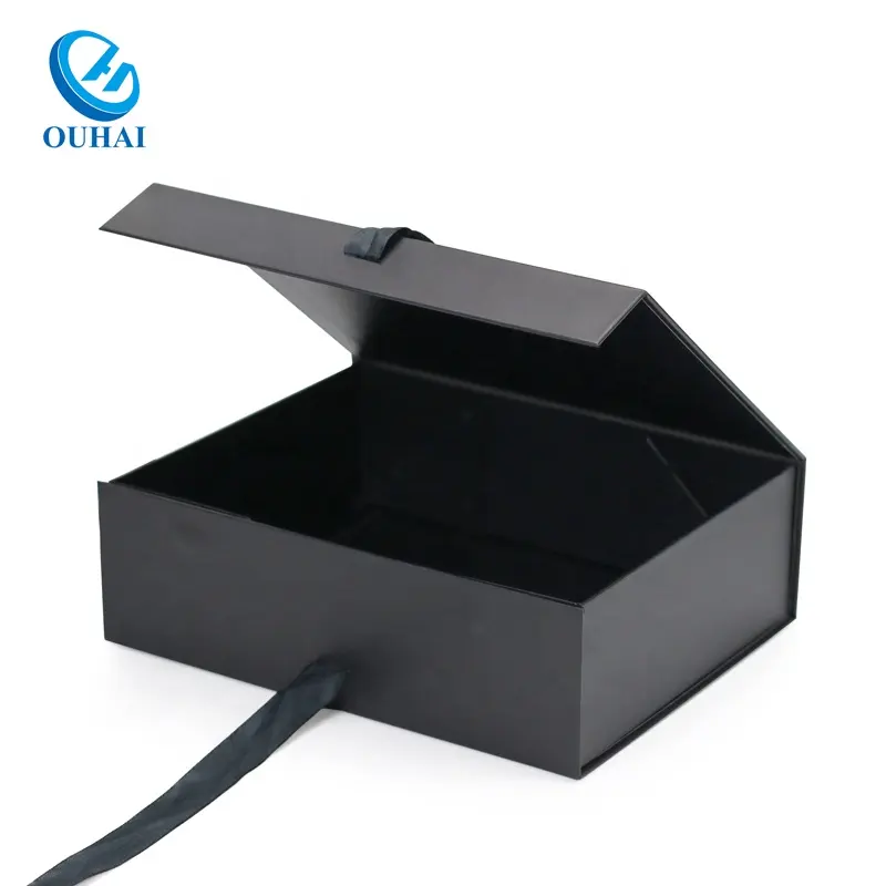Custom logo wholesale folding black magnetic closure cardboard box with ribbon handle for shoe dress t-shirt packaging