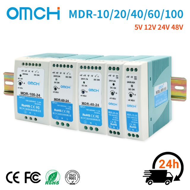 OMCH MDR-10-100 Series 10/20/40/60/100W DIN Rail Switching Power Supply 5V/12V/24V/48V 50/60Hz Single Universal 100-240VAC Input
