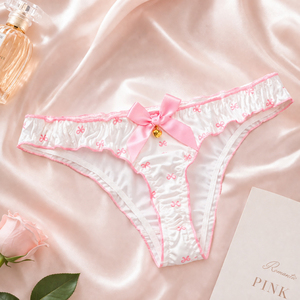 Braguitas de Tanga Florales Lindas para Mujer, Ropa Interior Sexy de Talle Bajo con Detalle de Perlas y Lazo Dulce, Material de Poliamida Sin Costuras - Product Image 4